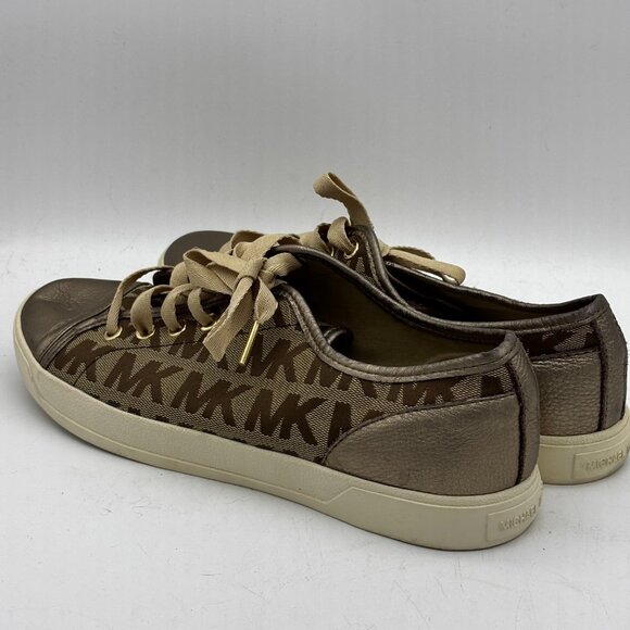 Michael Kors MK Signature Logo Print Lace Up Sneakers Brown Metallic Leather 10 - Picture 5 of 10